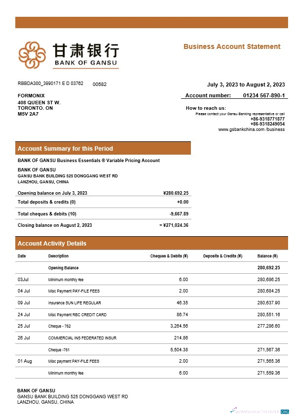 Download Bank of Gansu business checking account statement Word and PDF template Photoshop template